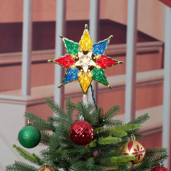 Retro Nostalgic 8" Gold Trim Multicolor Star Christmas Tree Topper Light Up Lit - Picture 7 of 15